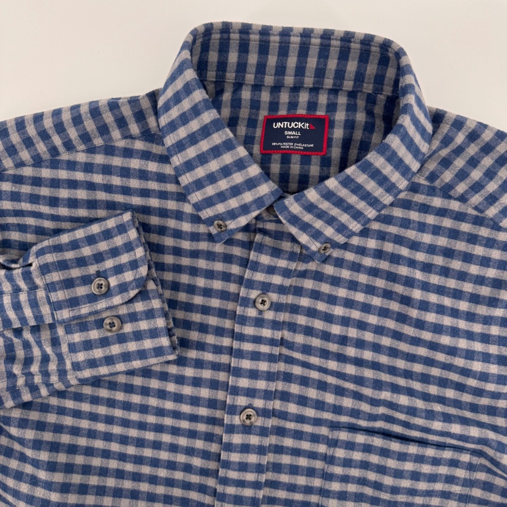 UNTUCKit Bergstrom Button Down Mens Small Blue Gingham Slim Fit Stretch Shirt